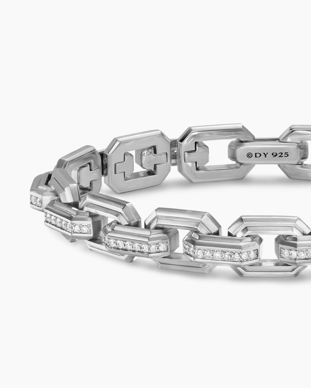 Mens Faceted Flat Link Bracelet in Sterling Silver with Diamonds, 11mm