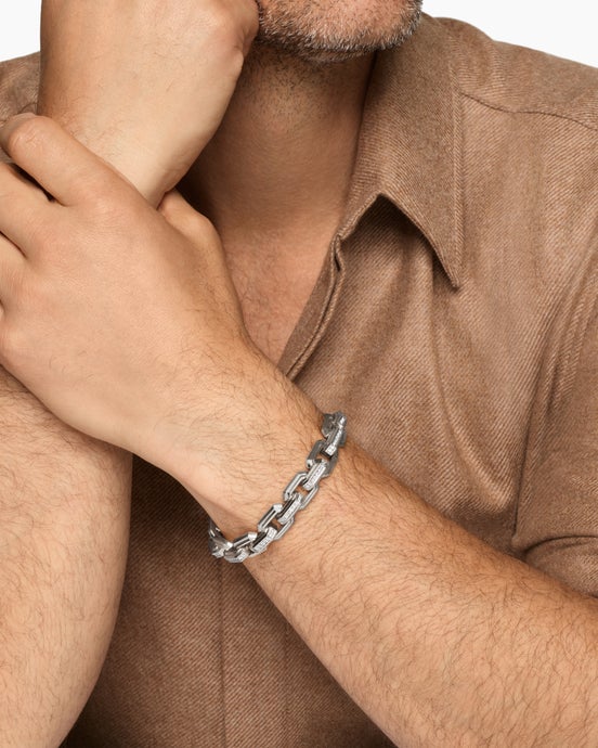 Faceted Flat Link Bracelet in Sterling Silver with Diamonds, 11mm