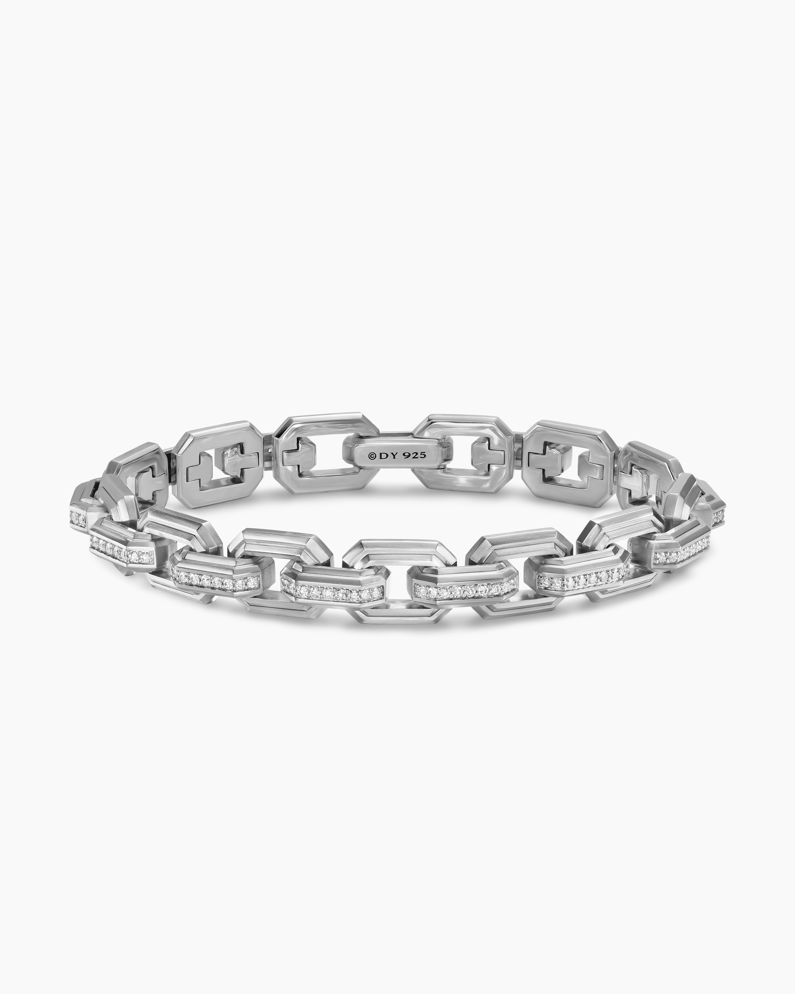 Mens Faceted Flat Link Bracelet in Sterling Silver with Diamonds, 11mm