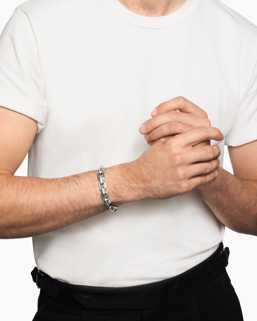 Mens Faceted Flat Link Bracelet in Sterling Silver, 11mm