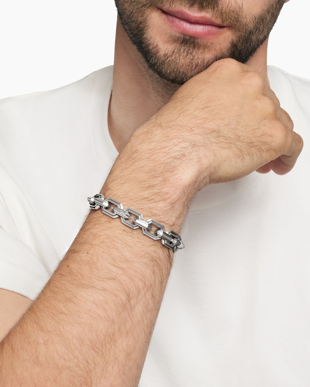 Mens Faceted Flat Link Bracelet in Sterling Silver, 11mm