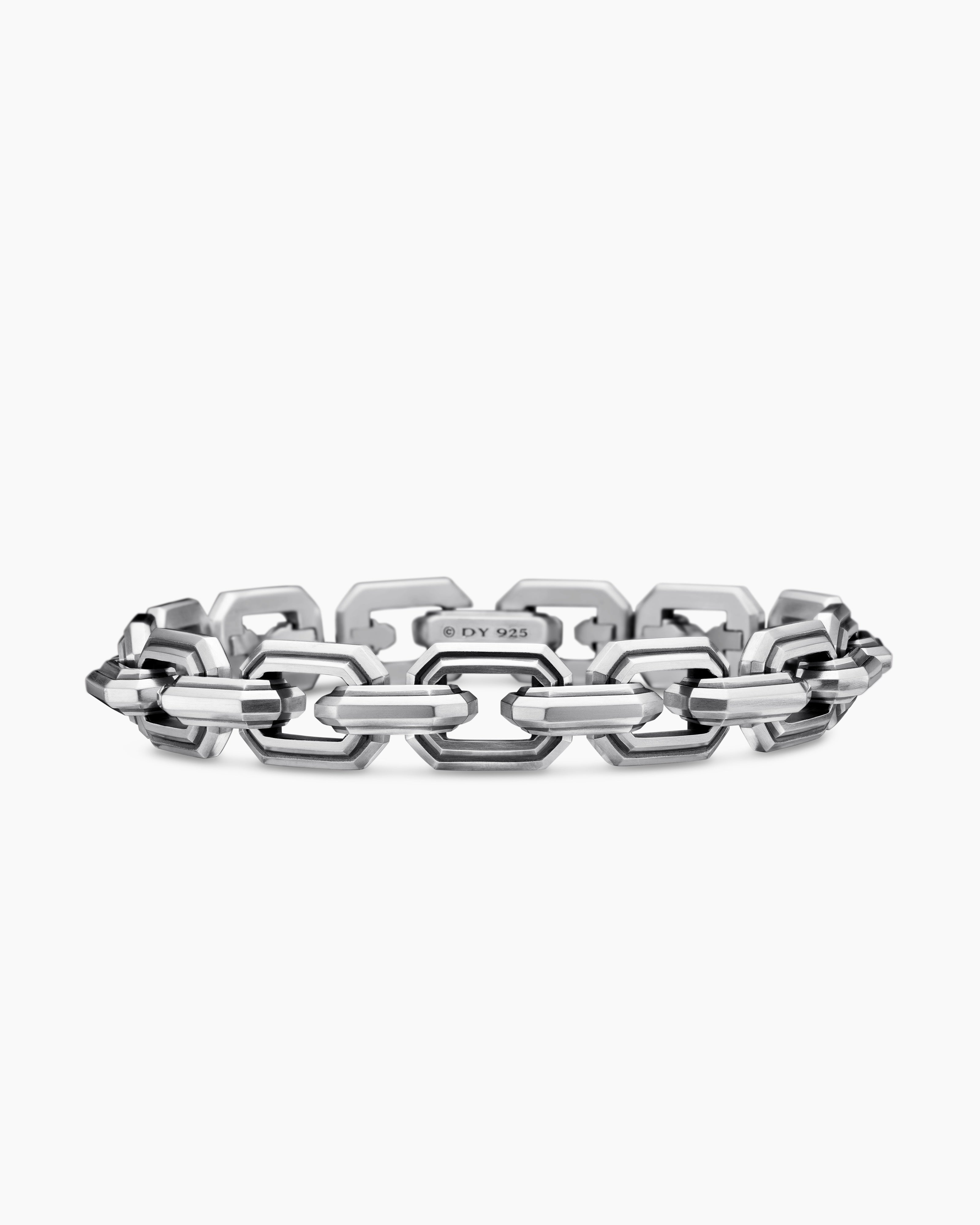 Mens Faceted Flat Link Bracelet in Sterling Silver, 11mm