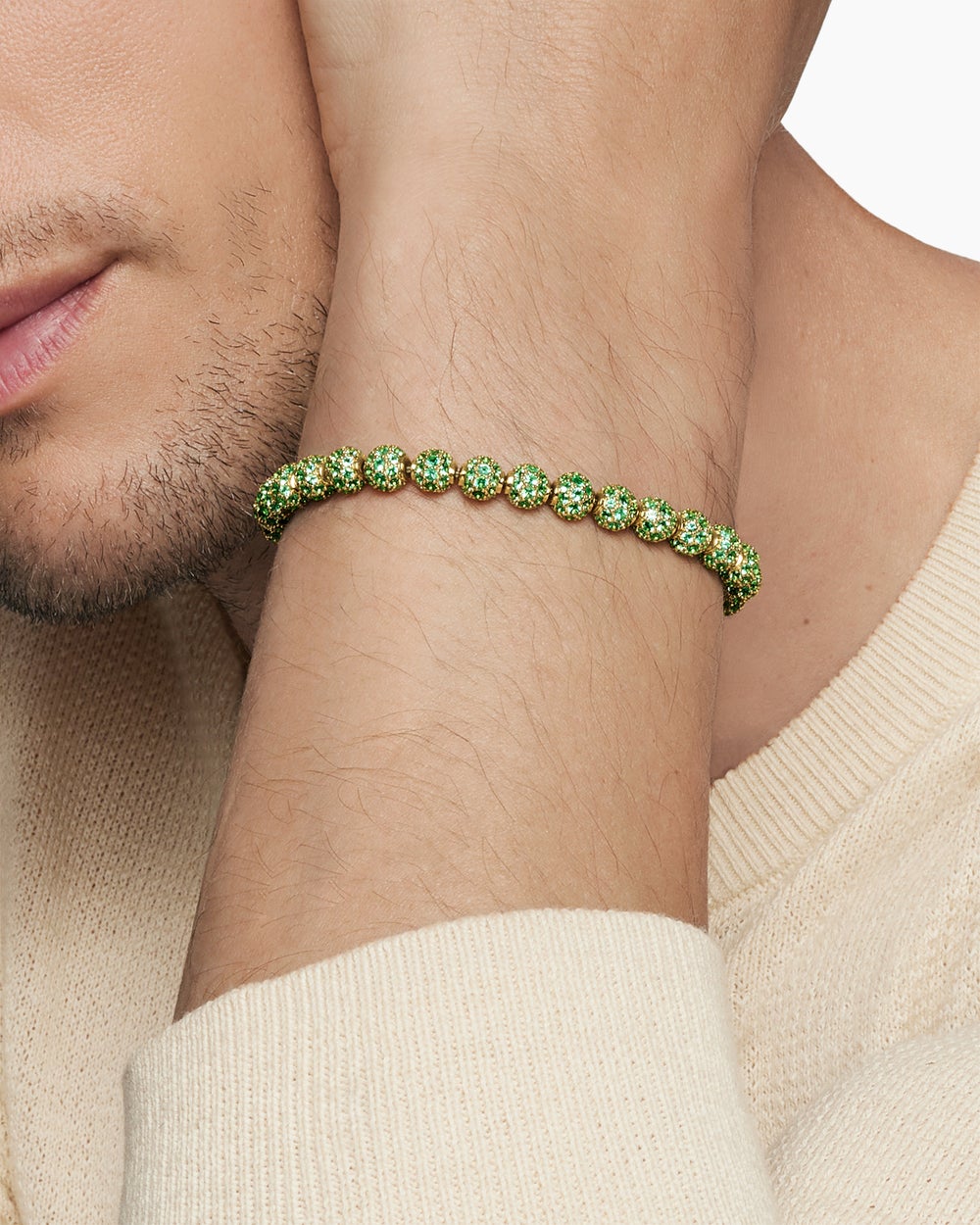 Mens Spiritual Beads Bracelet in 18K Yellow Gold and Pavé Emeralds, 6mm