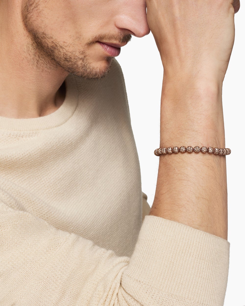 Mens Spiritual Beads Bracelet in 18K Rose Gold and Pavé Cognac Diamonds, 6mm