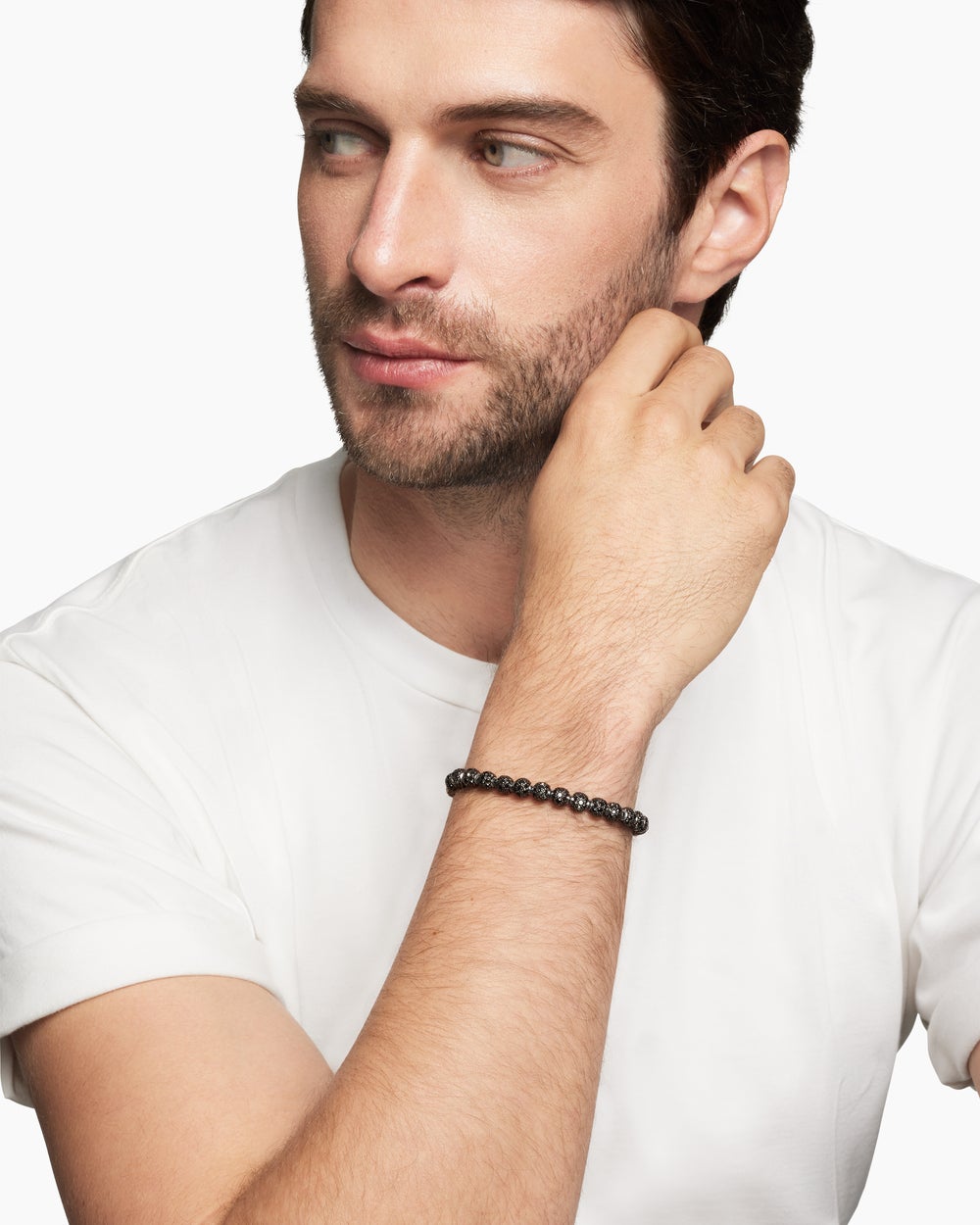 Mens Spiritual Beads Bracelet in Platinum and Pavé Black Diamonds, 6mm