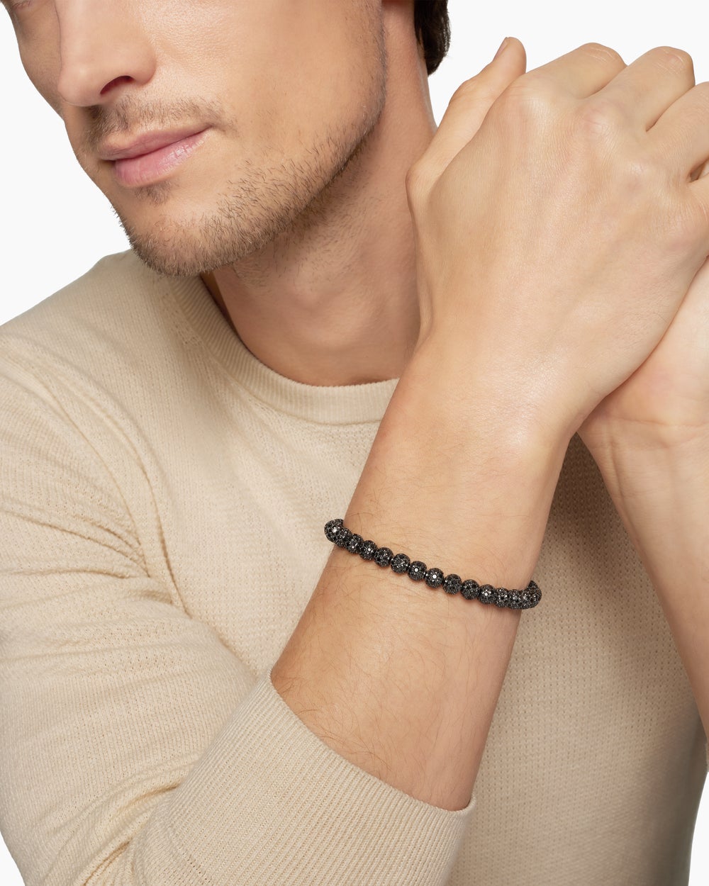Mens Spiritual Beads Bracelet in Sterling Silver with Pavé, 6mm