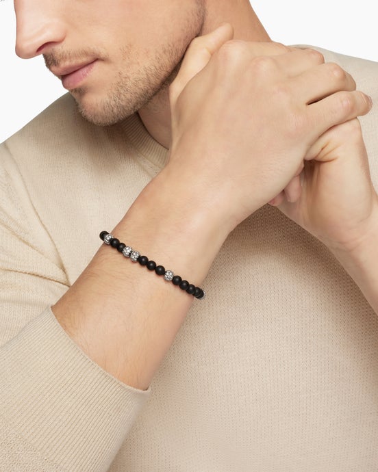 Spiritual Beads Bracelet in Sterling Silver with Black Onyx and Pavé Diamonds, 6mm