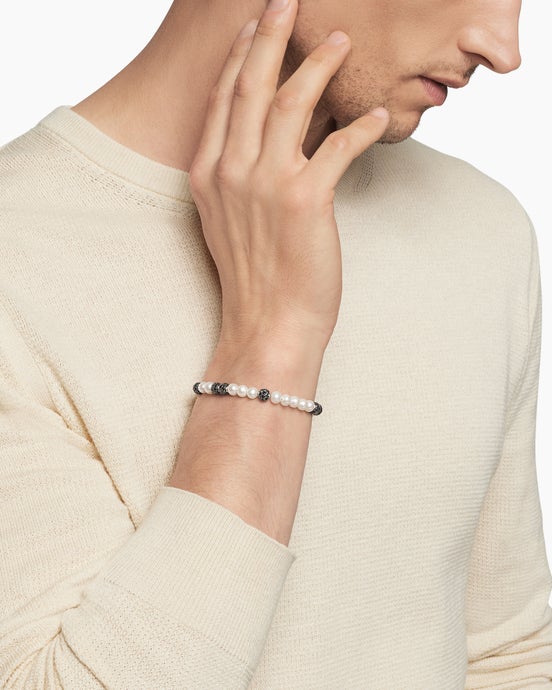 Spiritual Beads Bracelet in Sterling Silver with Pearls and Pavé Black Diamonds, 6mm