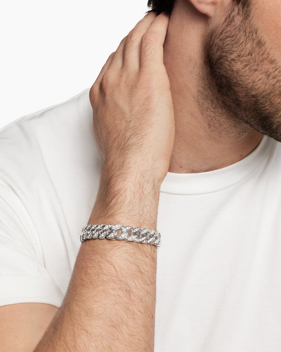 Curb Chain Bracelet in Sterling Silver with Diamonds, 11.5mm