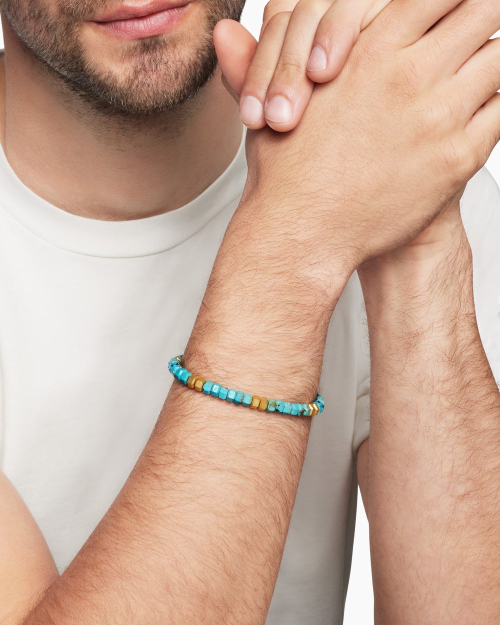 Mens Hex Bead Bracelet with 18K Yellow Gold, 6mm