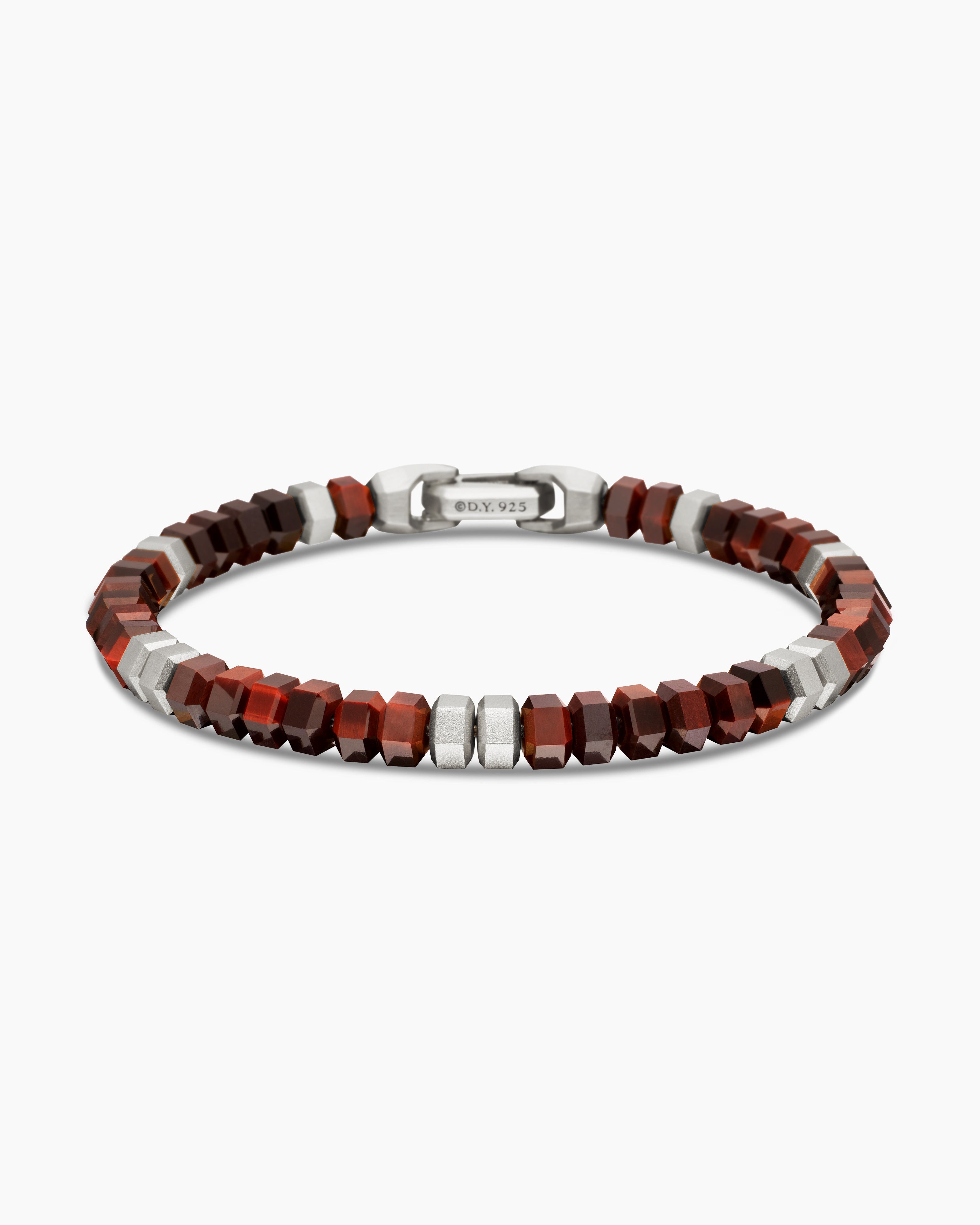 Mens Hex Bead Bracelet in Sterling Silver with Red Tiger&rsquo;s Eye, 6mm