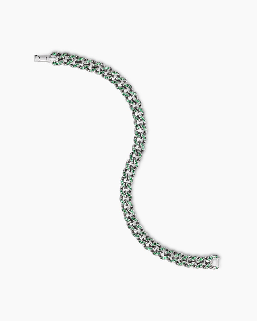 Mens Curb Chain Bracelet in 18K White Gold with Emeralds, 8mm