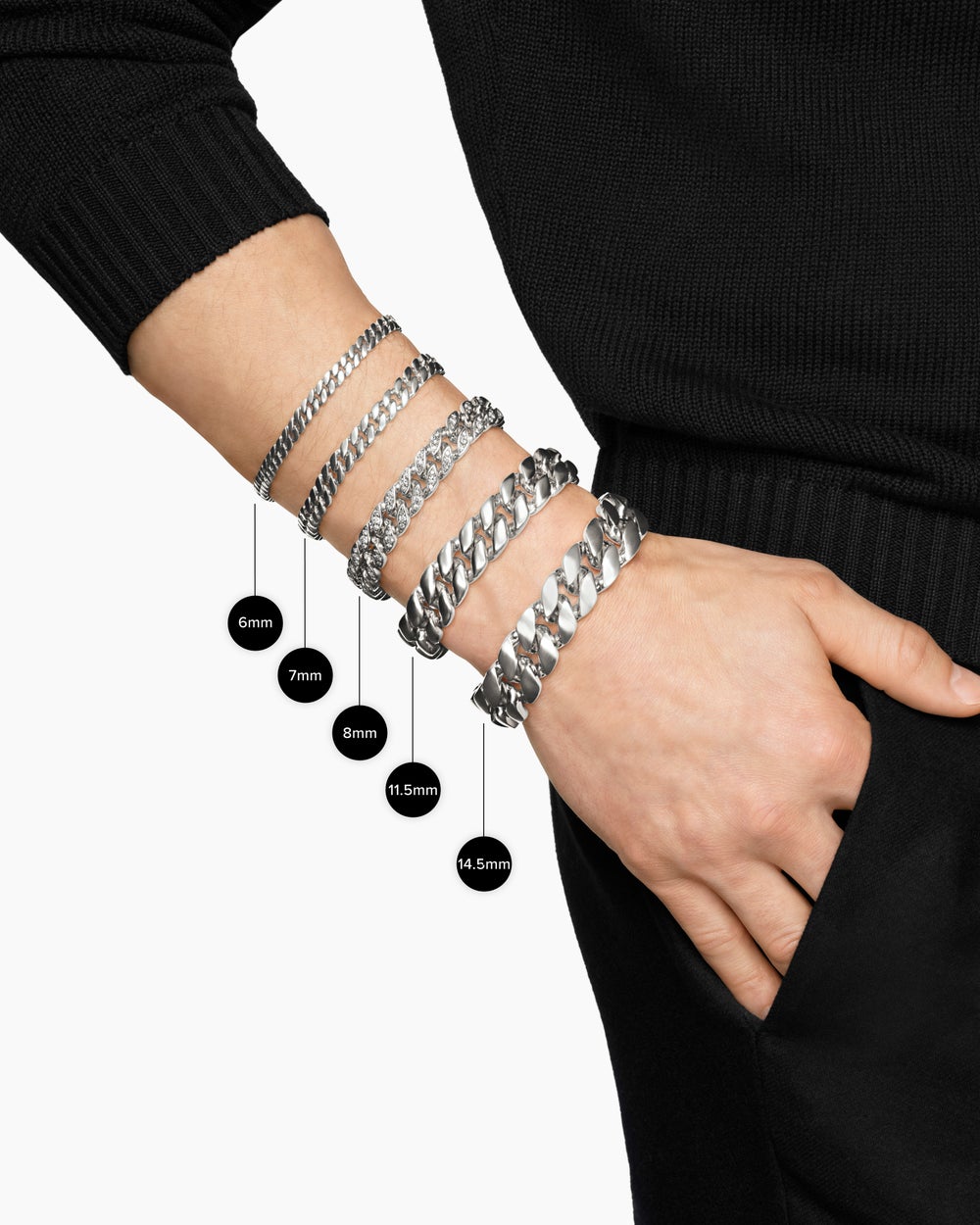 Mens Curb Chain Bracelet in 18K White Gold with Emeralds, 8mm