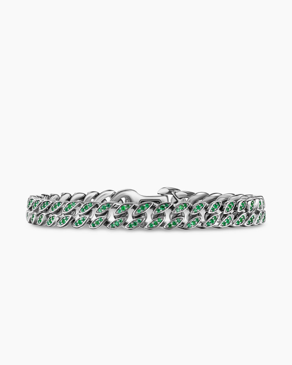 Mens Curb Chain Bracelet in 18K White Gold with Emeralds, 8mm