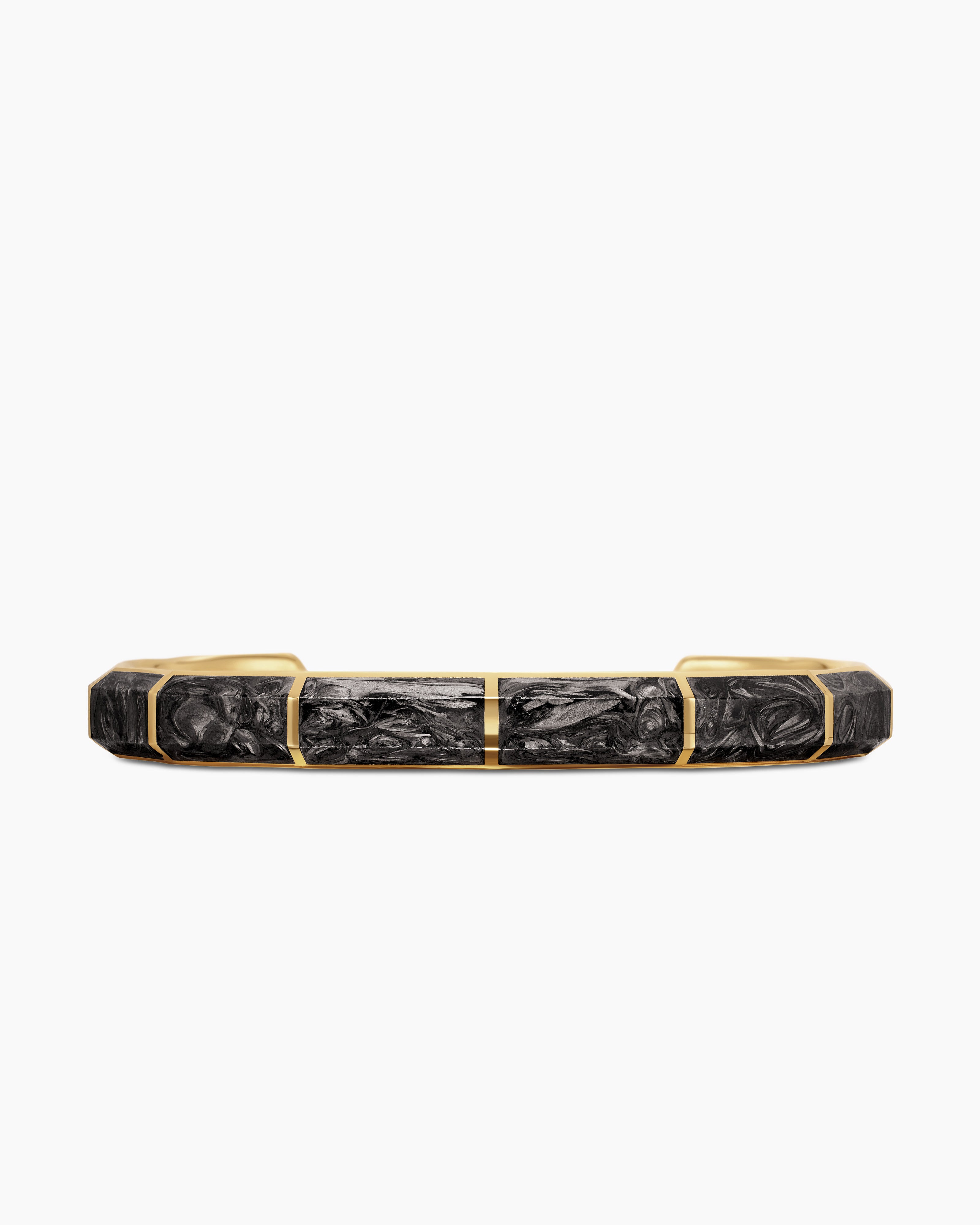 Mens Forged Carbon Faceted Cuff Bracelet in 18K Yellow Gold, 8.5mm