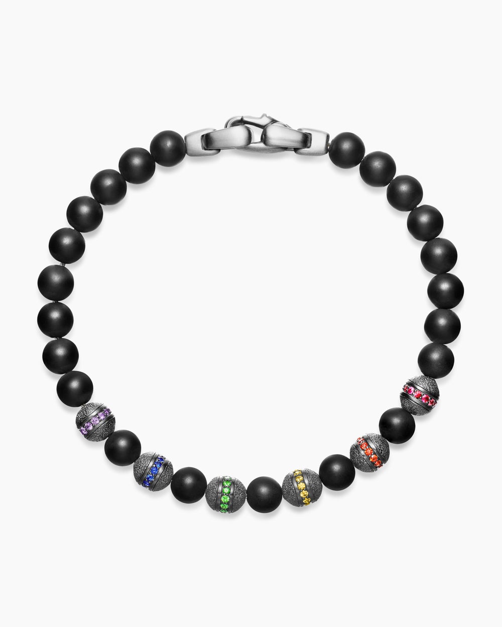 Bracelet Spiritual Beads arc-en-ciel en argent sterling avec onyx noir, saphirs et tsavorites, 6 mm hommes