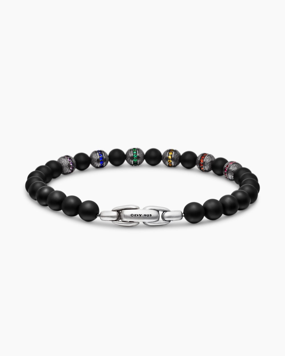 Bracelet Spiritual Beads arc-en-ciel en argent sterling avec onyx noir, saphirs et tsavorites, 6 mm hommes