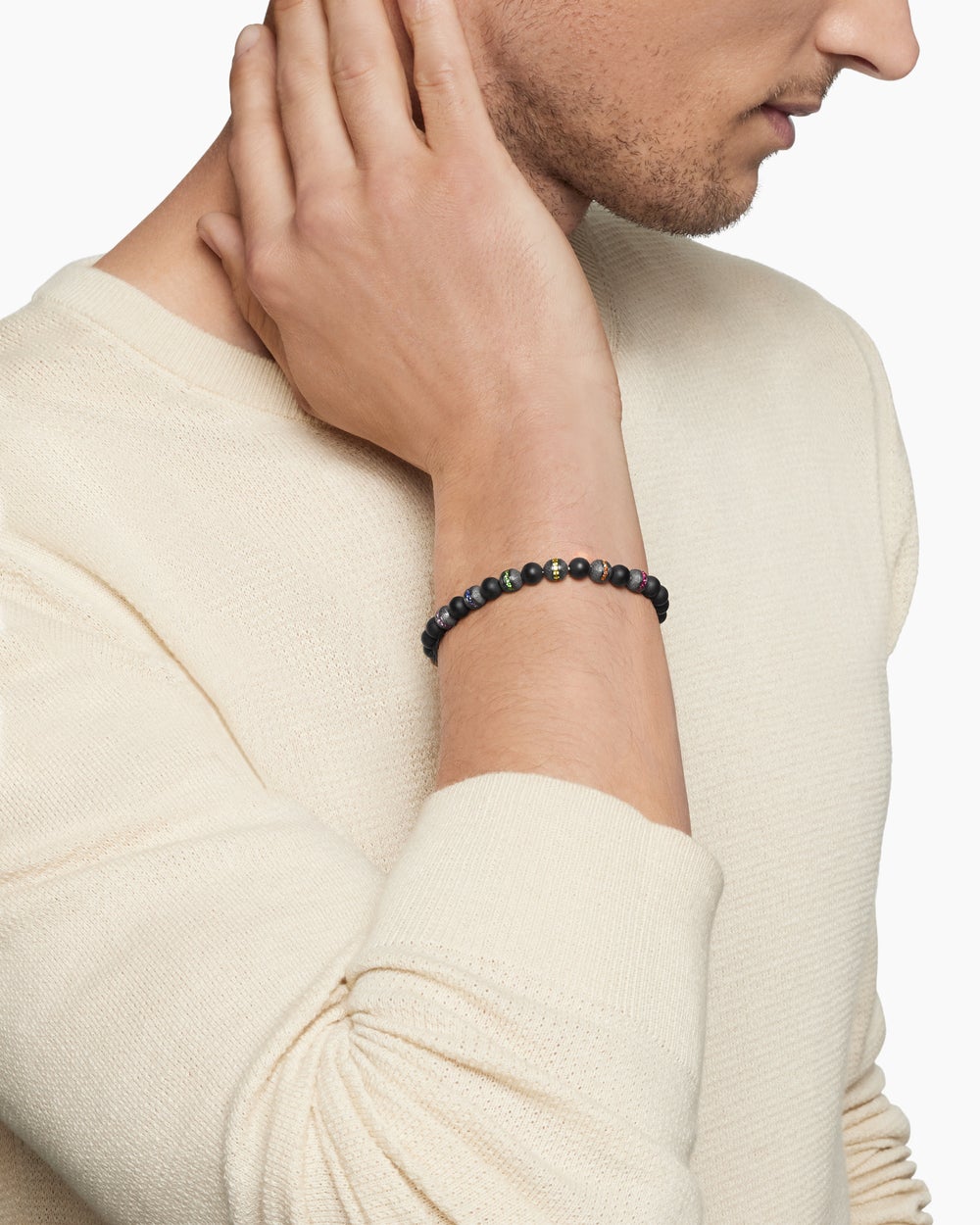 Bracelet Spiritual Beads arc-en-ciel en argent sterling avec onyx noir, saphirs et tsavorites, 6 mm hommes