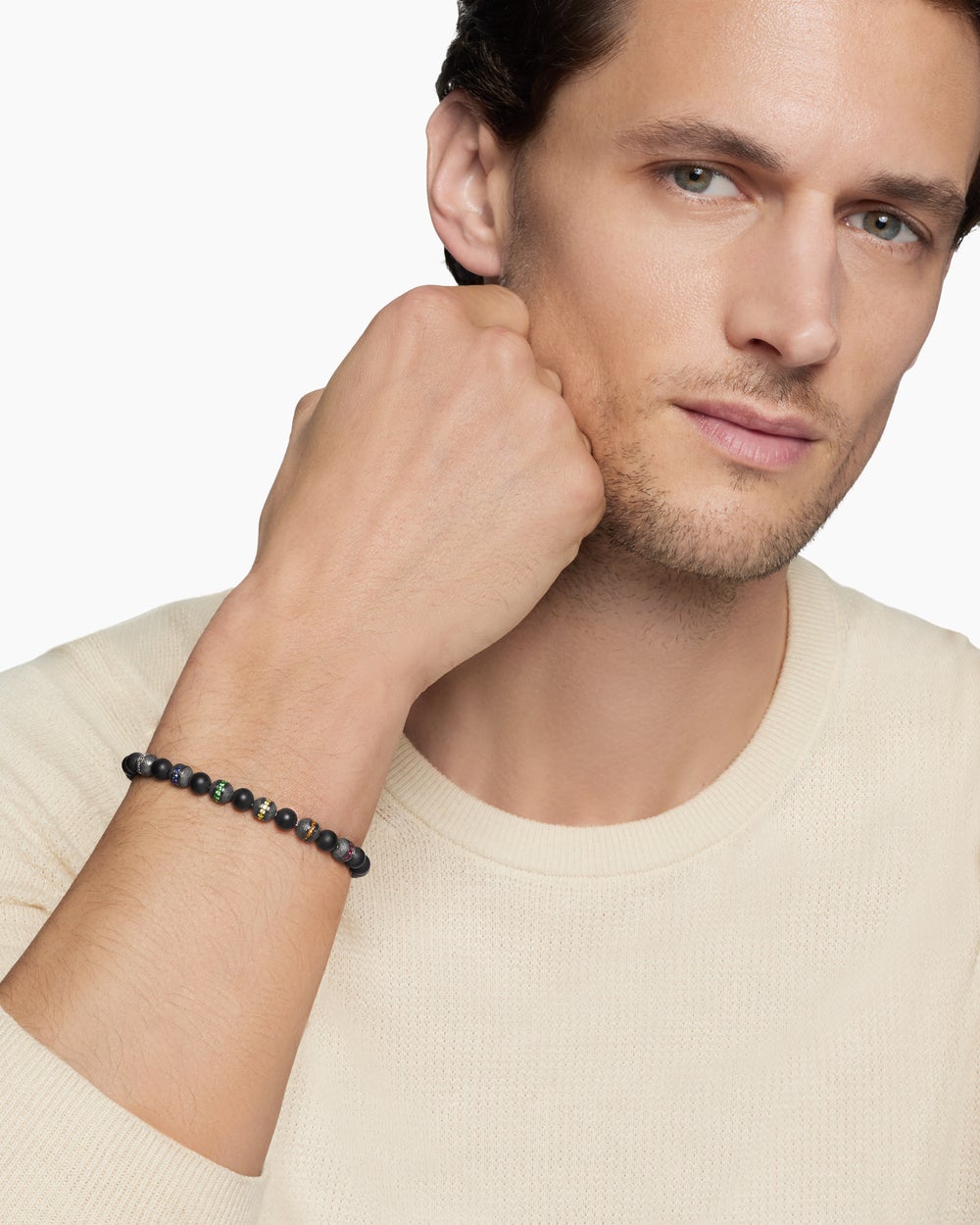 Bracelet Spiritual Beads arc-en-ciel en argent sterling avec onyx noir, saphirs et tsavorites, 6 mm hommes