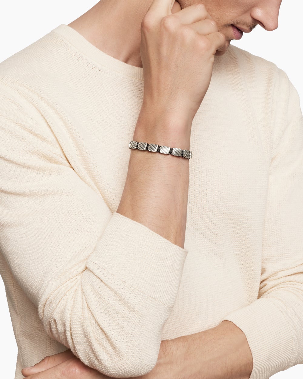 Mens Sculpted Cable Woven Tile Bracelet in Sterling Silver, 8.5mm
