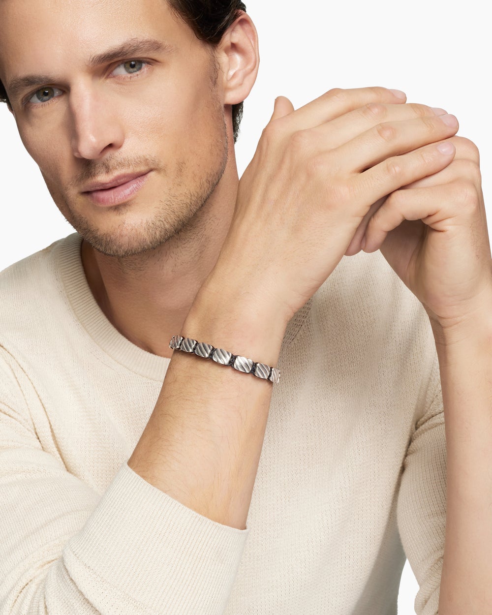 Mens Sculpted Cable Woven Tile Bracelet in Sterling Silver, 8.5mm