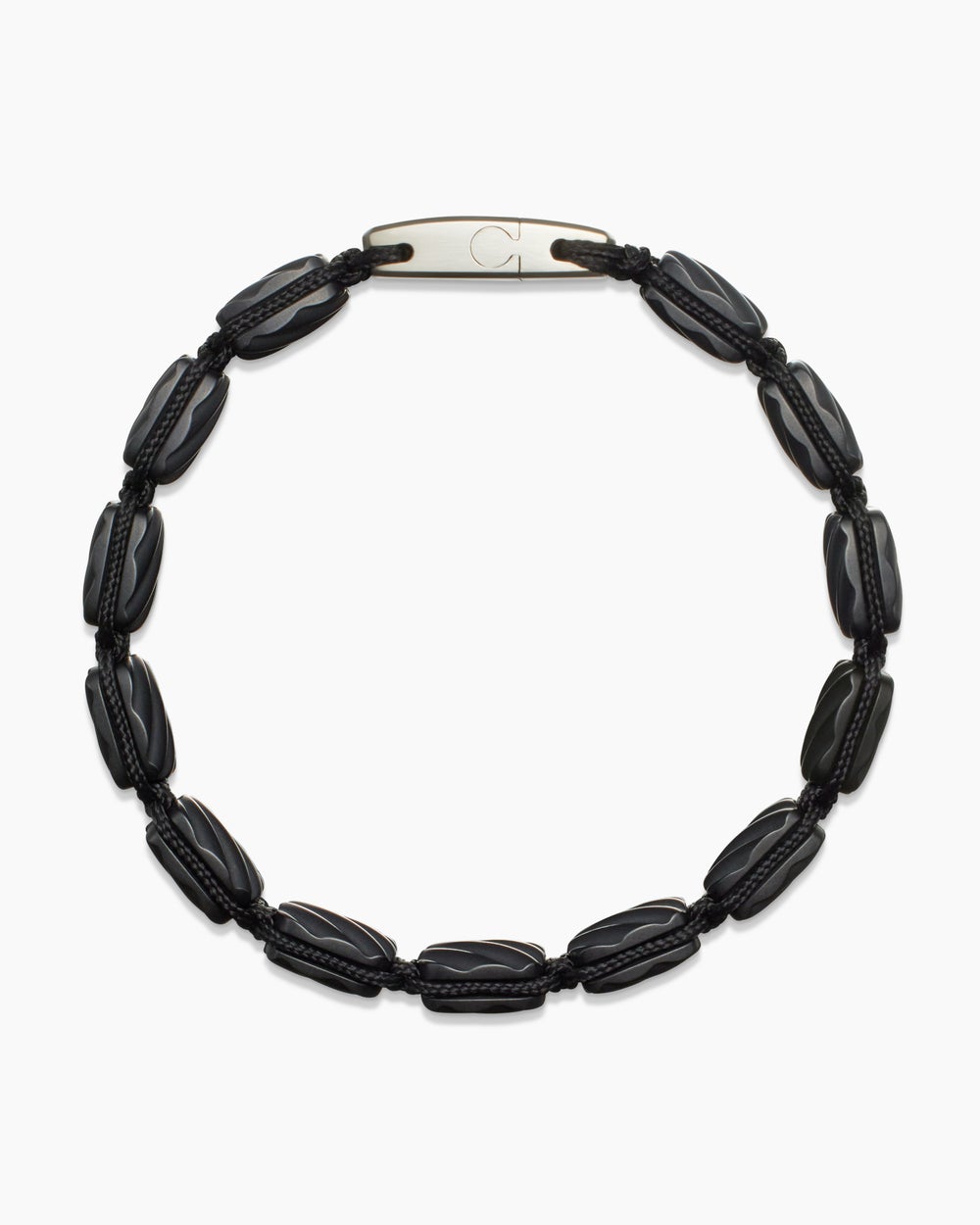Mens Sculpted Cable Woven Tile Bracelet in Black Titanium with Sterling Silver, 8.5mm