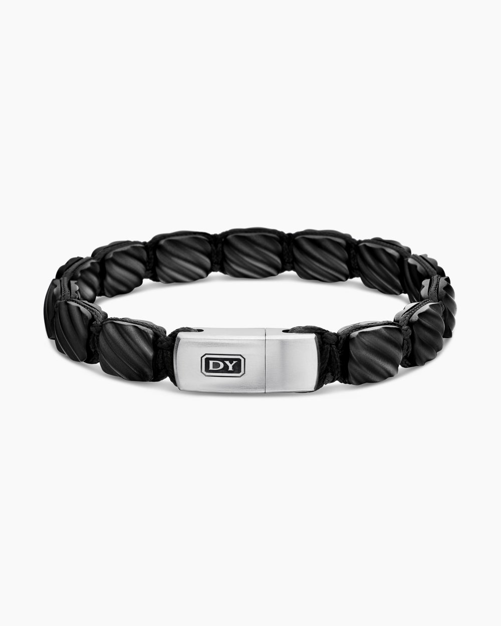 Mens Sculpted Cable Woven Tile Bracelet in Black Titanium with Sterling Silver, 8.5mm