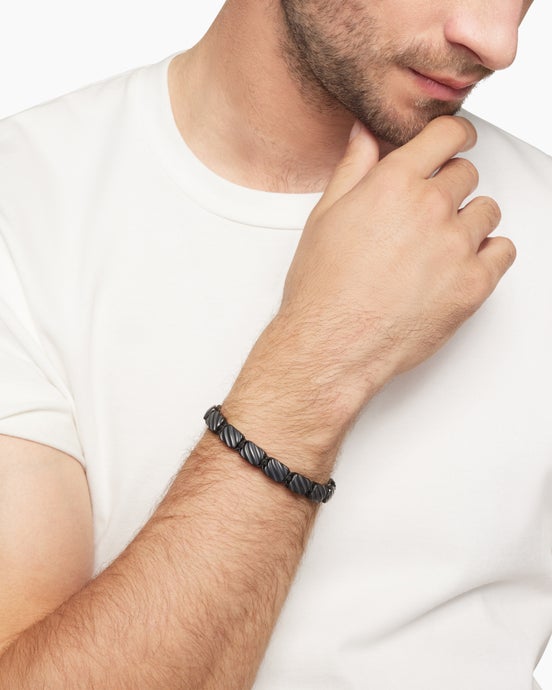 Sculpted Cable Woven Tile Bracelet in Black Titanium with Sterling Silver and Black Nylon, 8.5mm