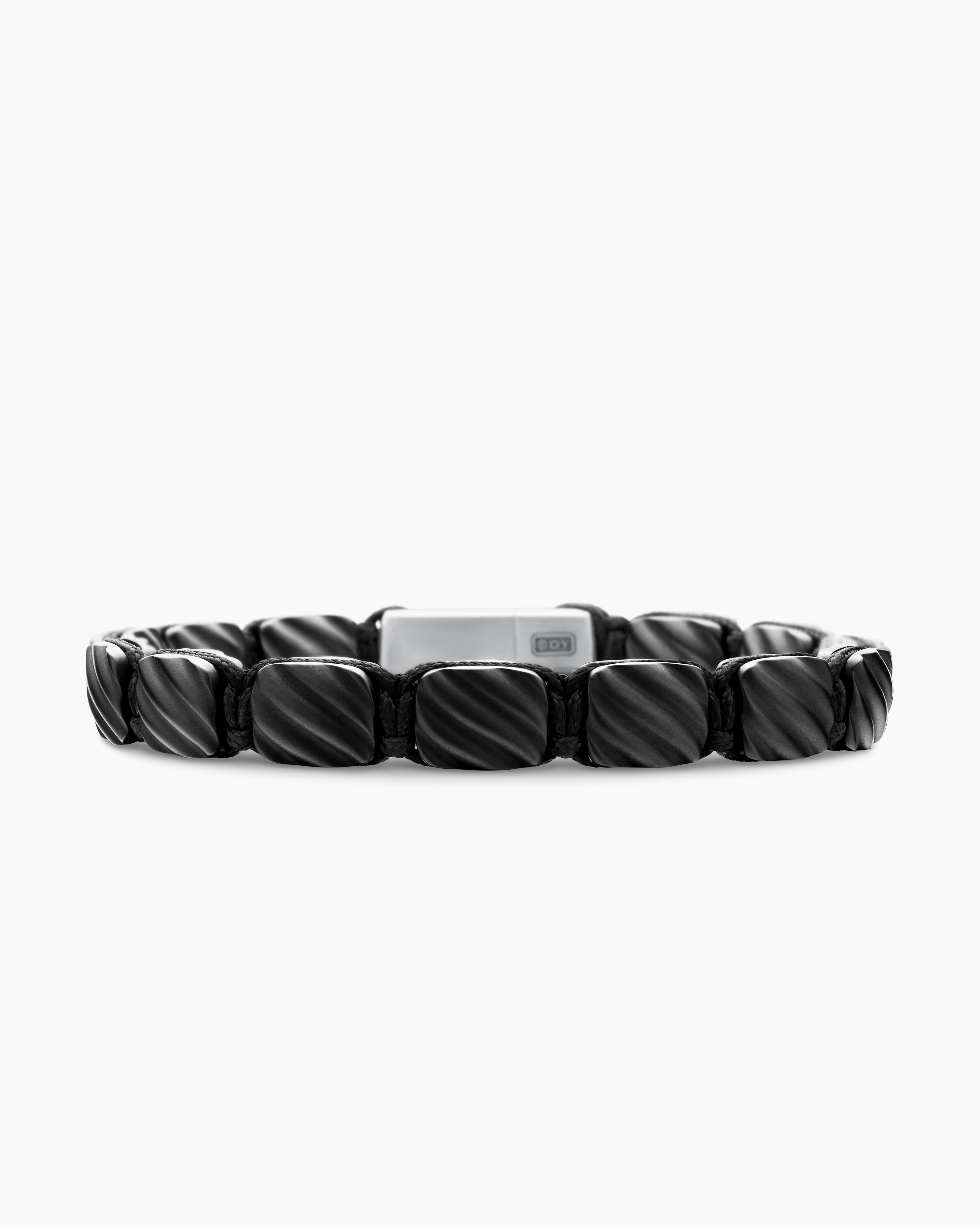Mens Sculpted Cable Woven Tile Bracelet in Black Titanium with Sterling Silver, 8.5mm