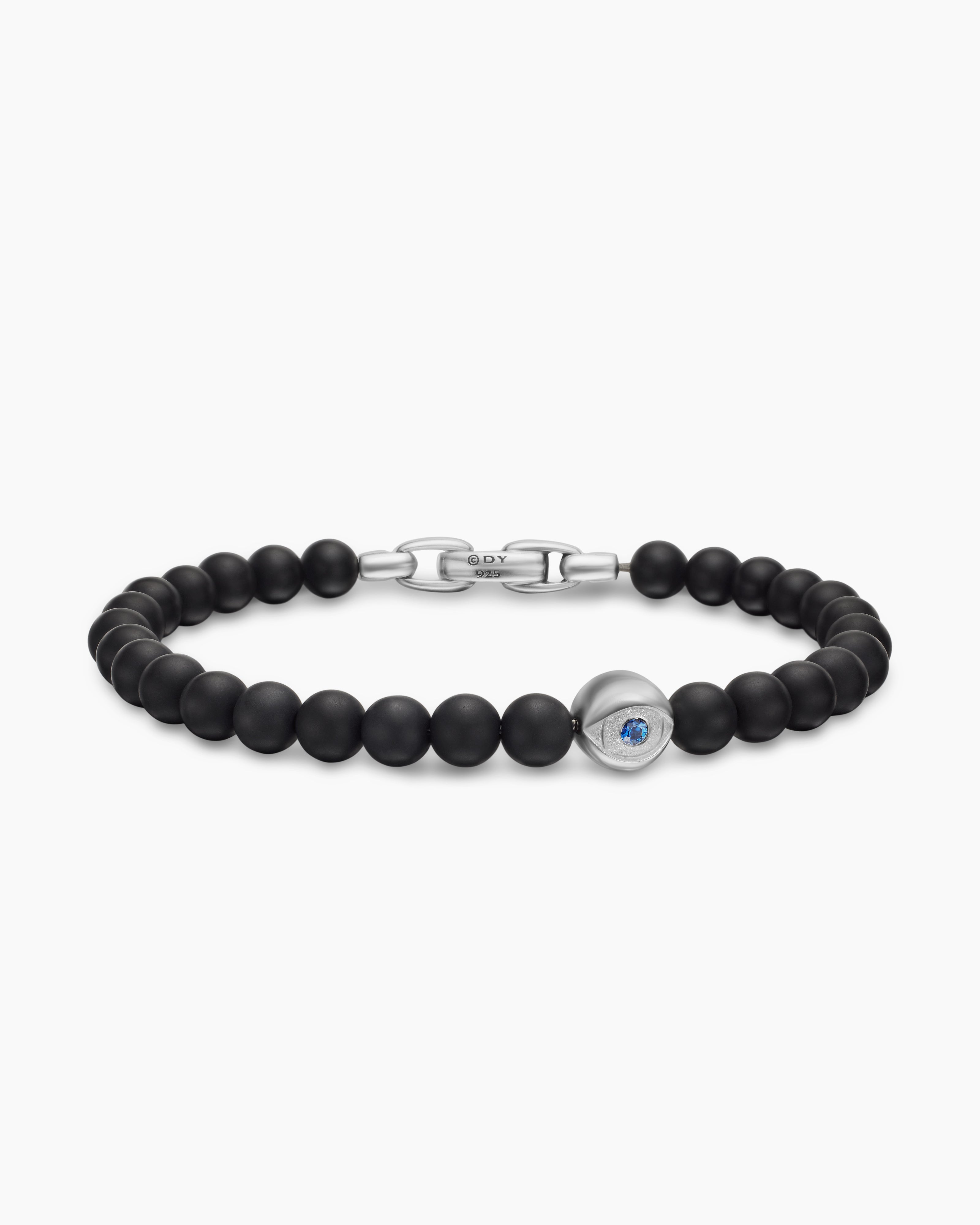 Mens Spiritual Beads Evil Eye Bracelet in Sterling Silver, 6mm