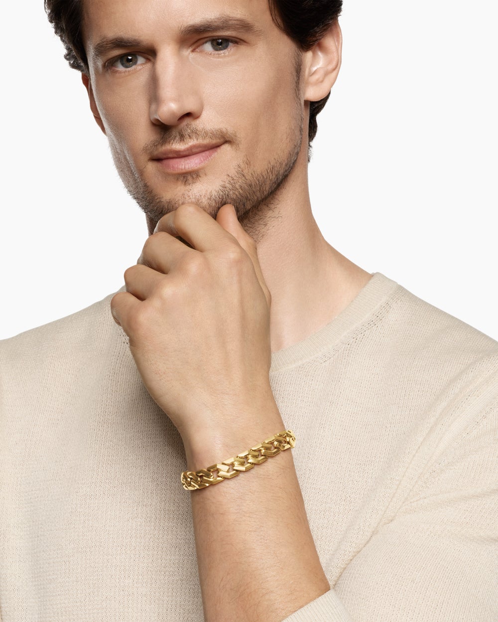 Mens Curb Chain Angular Link Bracelet in 18K Yellow Gold, 11mm