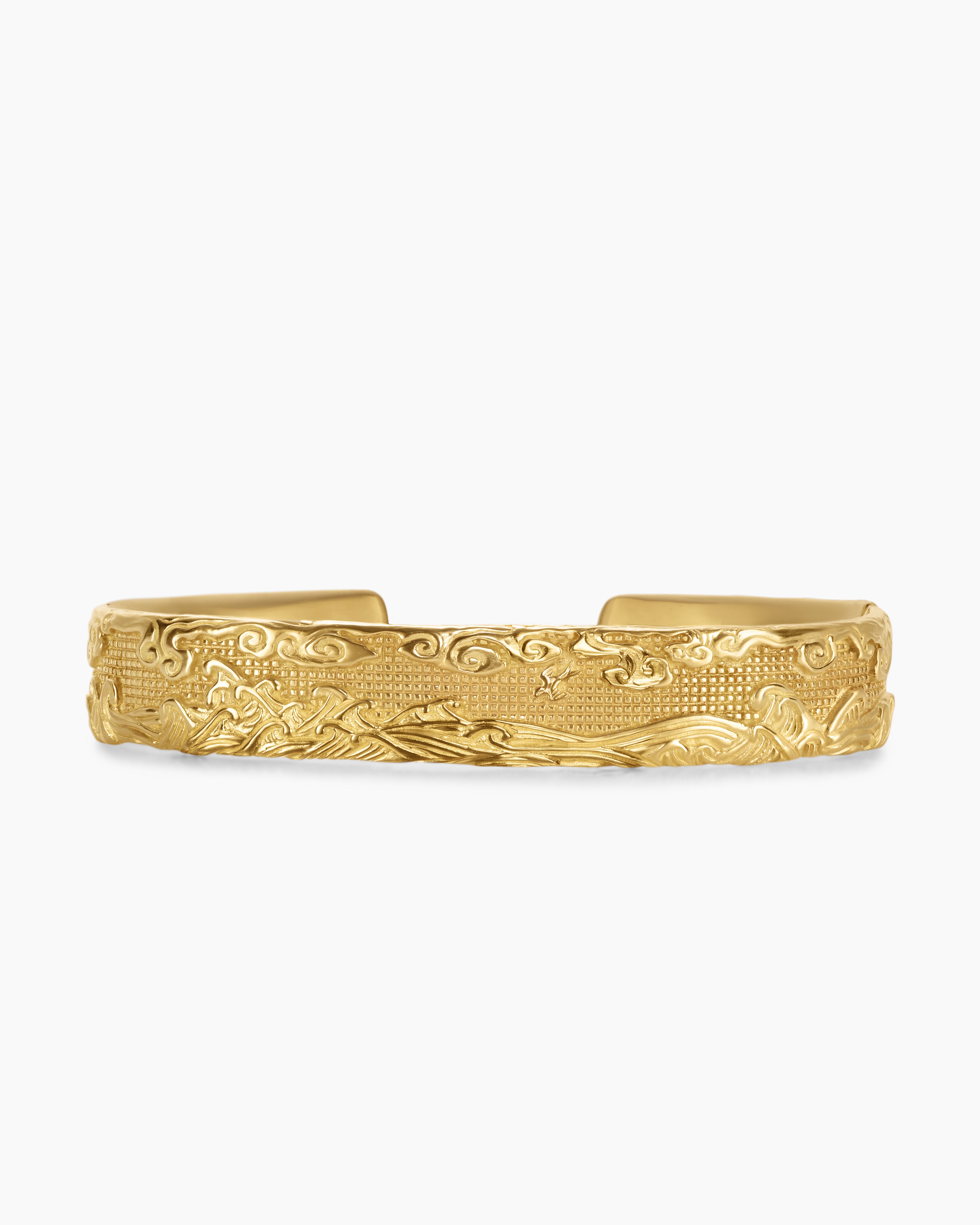 Mens Waves Cuff Bracelet in 18K Yellow Gold, 12mm