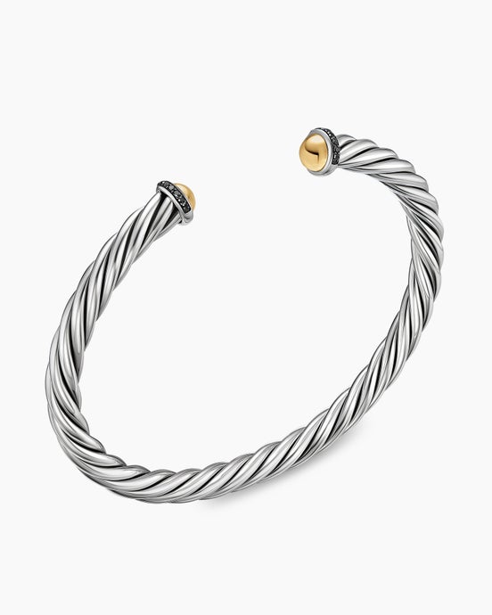 Bracelet-manchette Cable en argent sterling avec or jaune 14 carats et diamants noirs, 6 mm