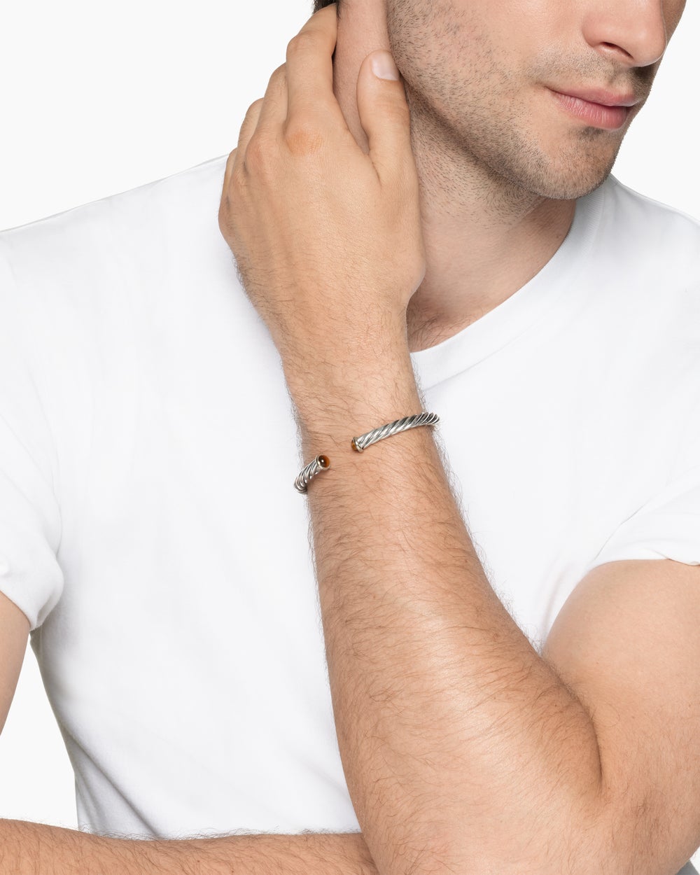 Mens Cable Cuff Bracelet in Sterling Silver with 14K Yellow Gold, 6mm