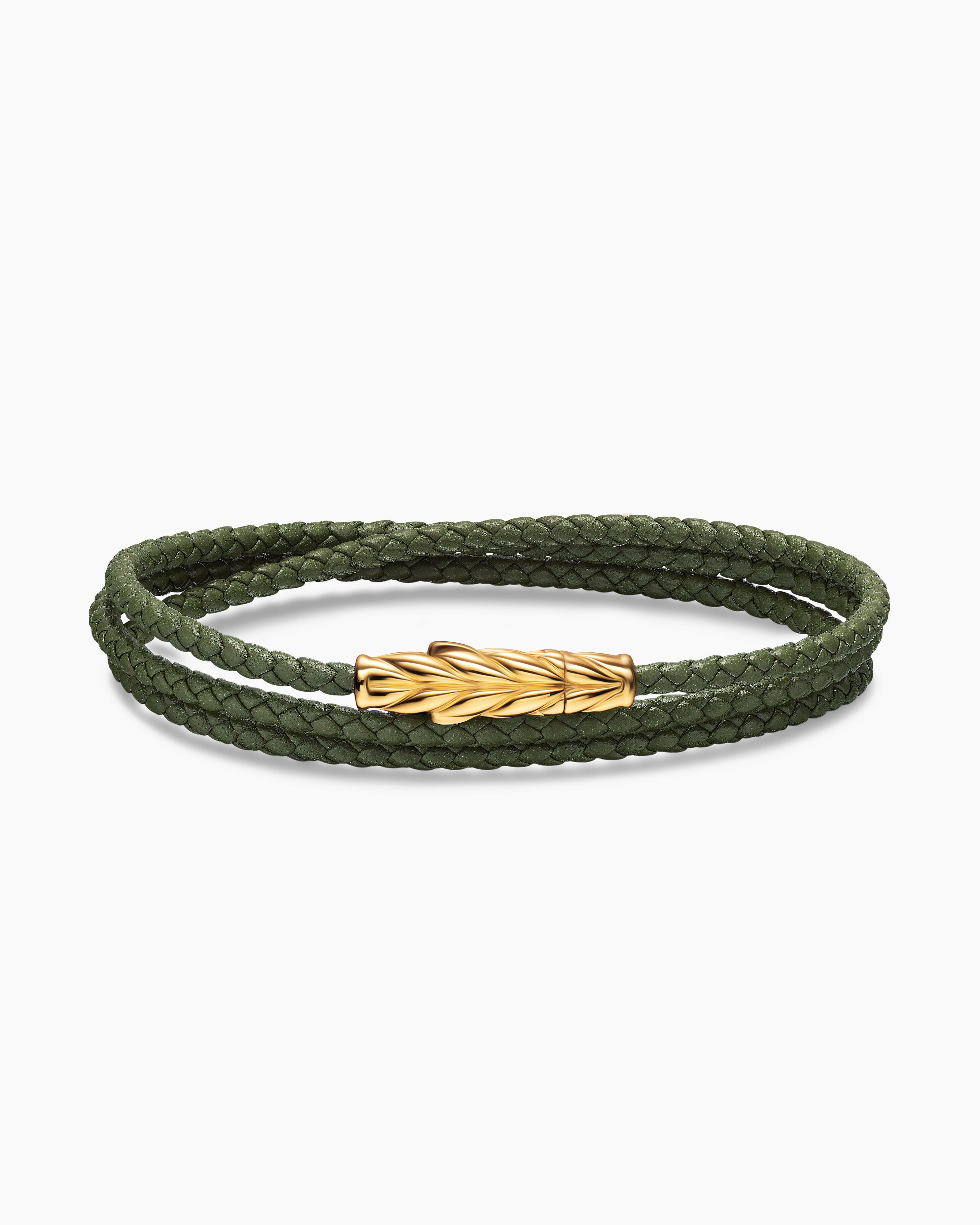 Mens Chevron Triple Wrap Leather Bracelet with 18K Yellow Gold, 3mm