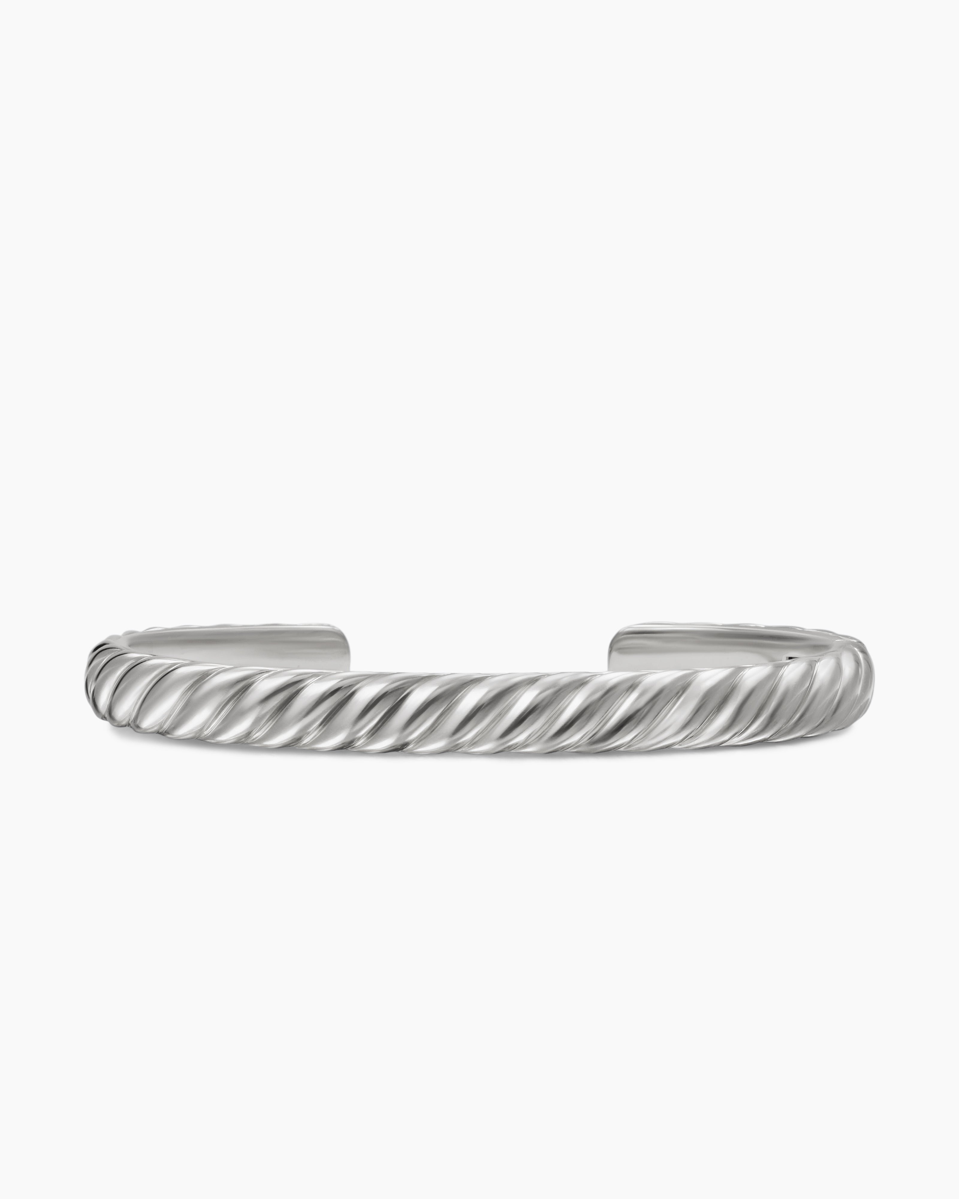 Mens Sculpted Cable Cuff Bracelet in 18K White Gold, 7mm