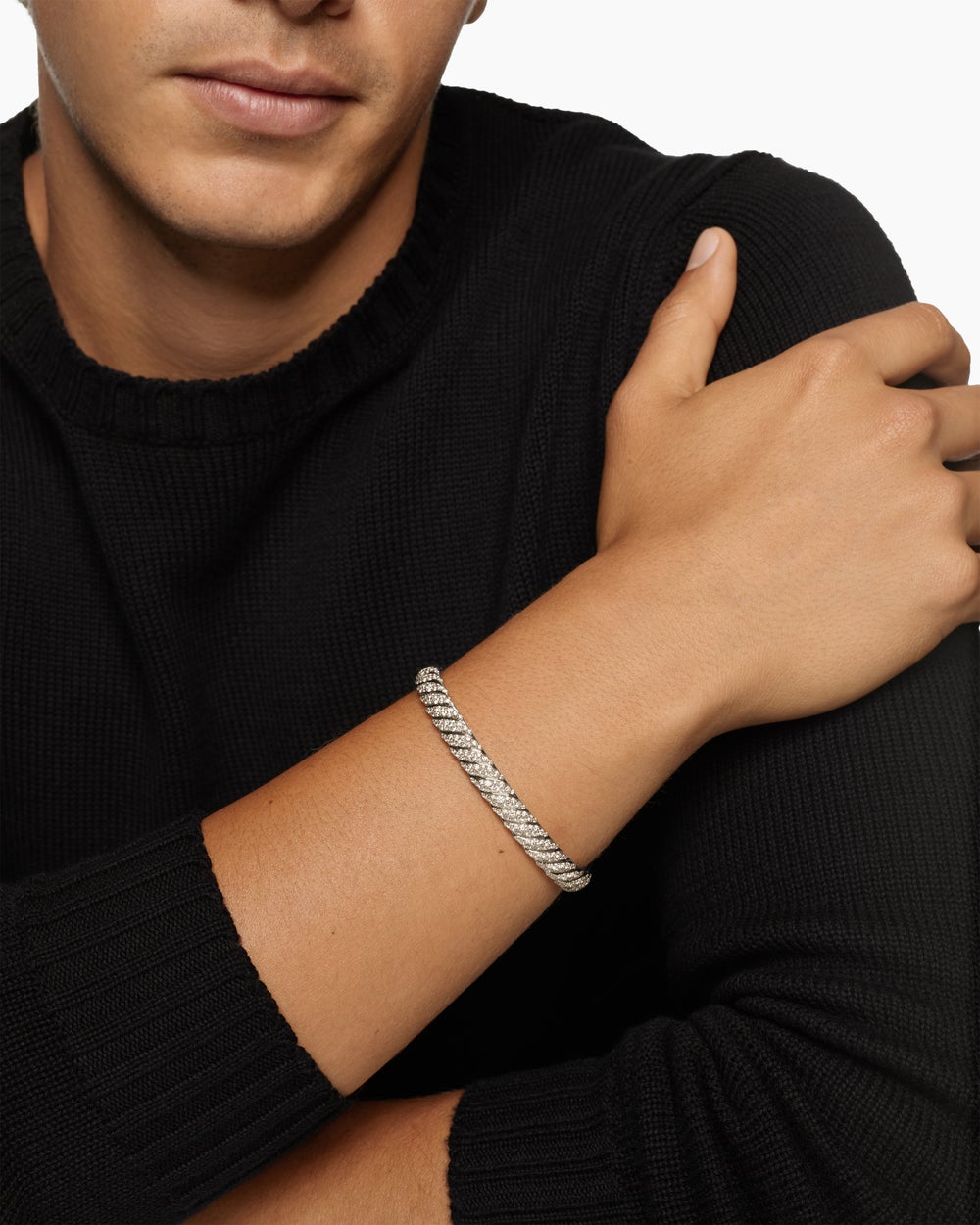 Mens Sculpted Cable Cuff Bracelet in 18K White Gold, 7mm