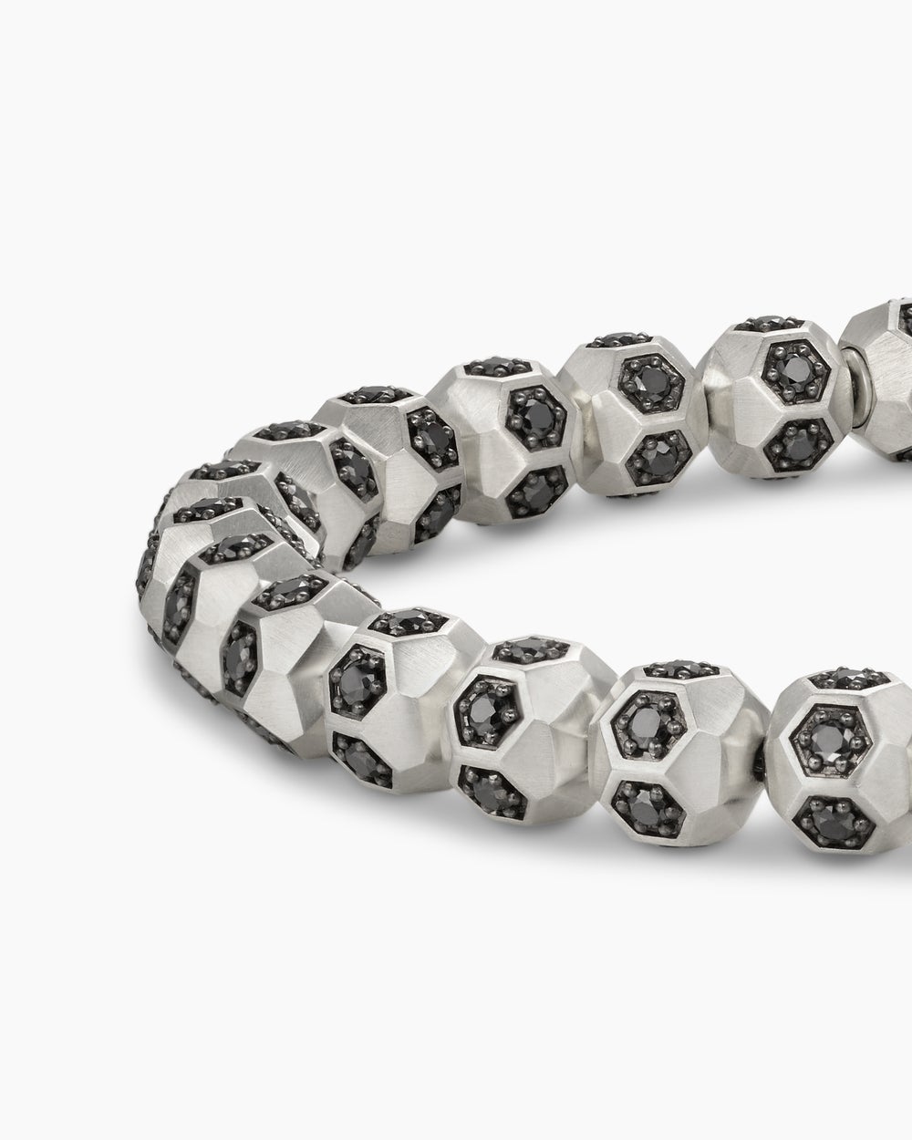 Mens Spiritual Beads Faceted Bracelet in Sterling Silver with Pavé Black Diamonds, 6mm