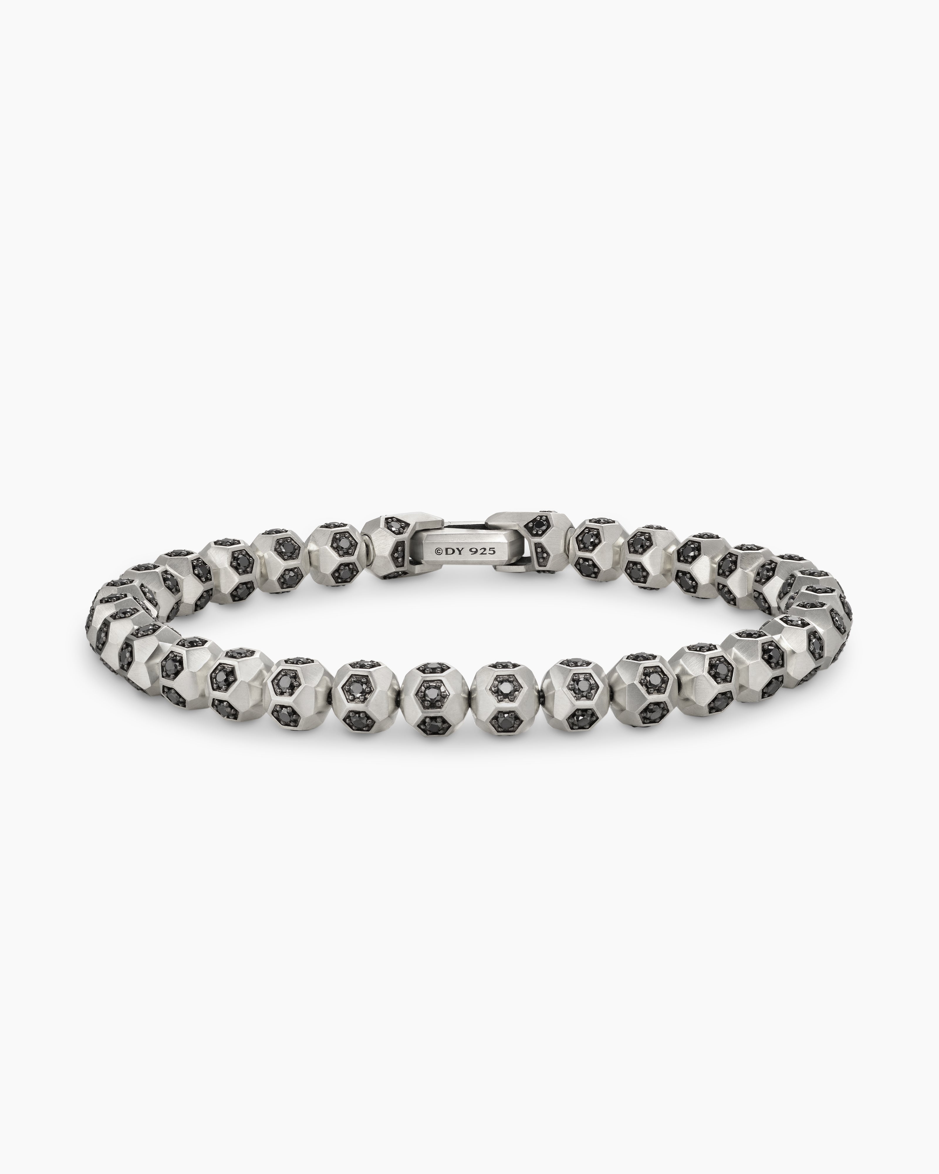 Mens Spiritual Beads Faceted Bracelet in Sterling Silver with Pav&eacute; Black Diamonds, 6mm