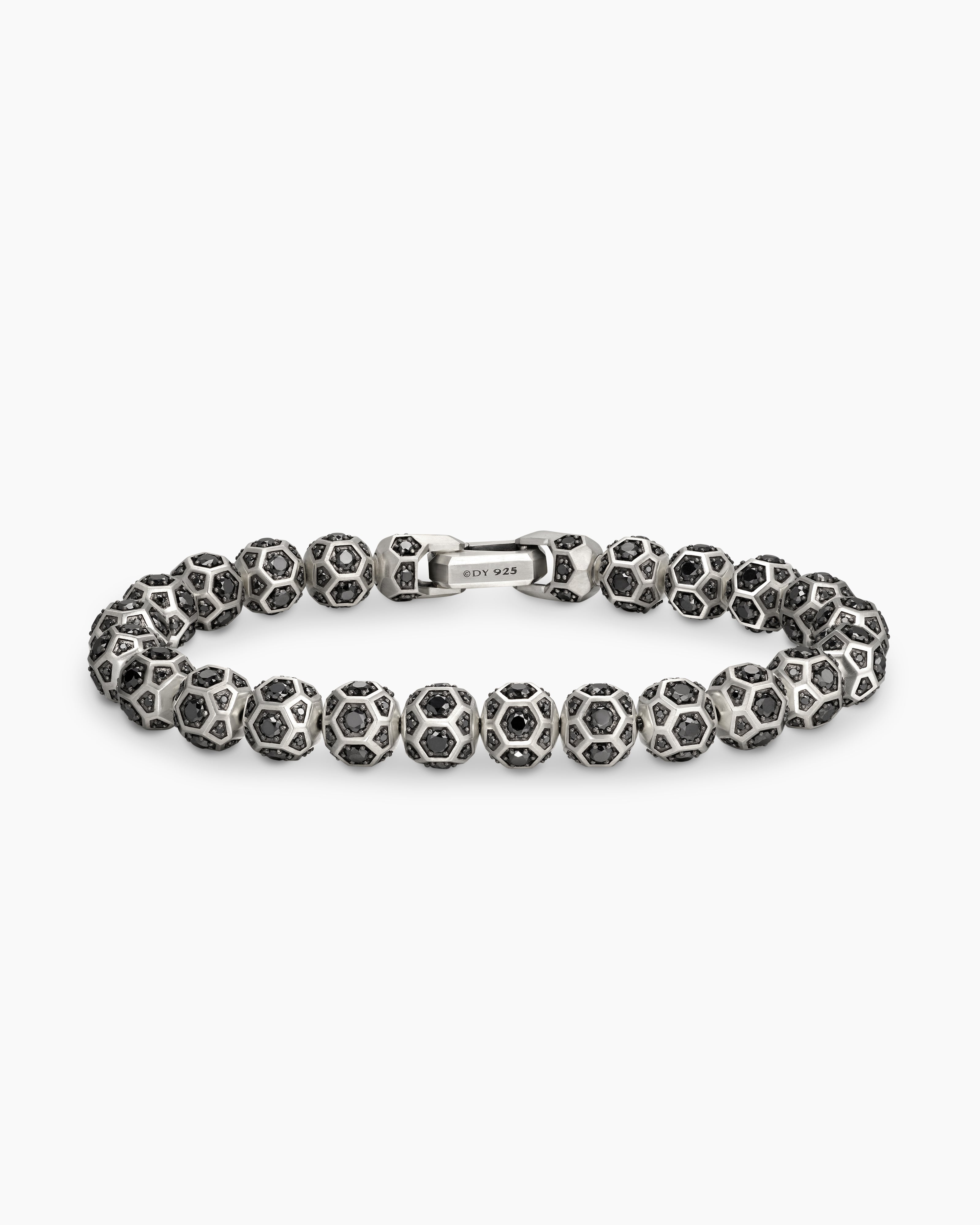 Mens Spiritual Beads Faceted Bracelet in Sterling Silver with Pav&eacute; Black Diamonds, 8mm