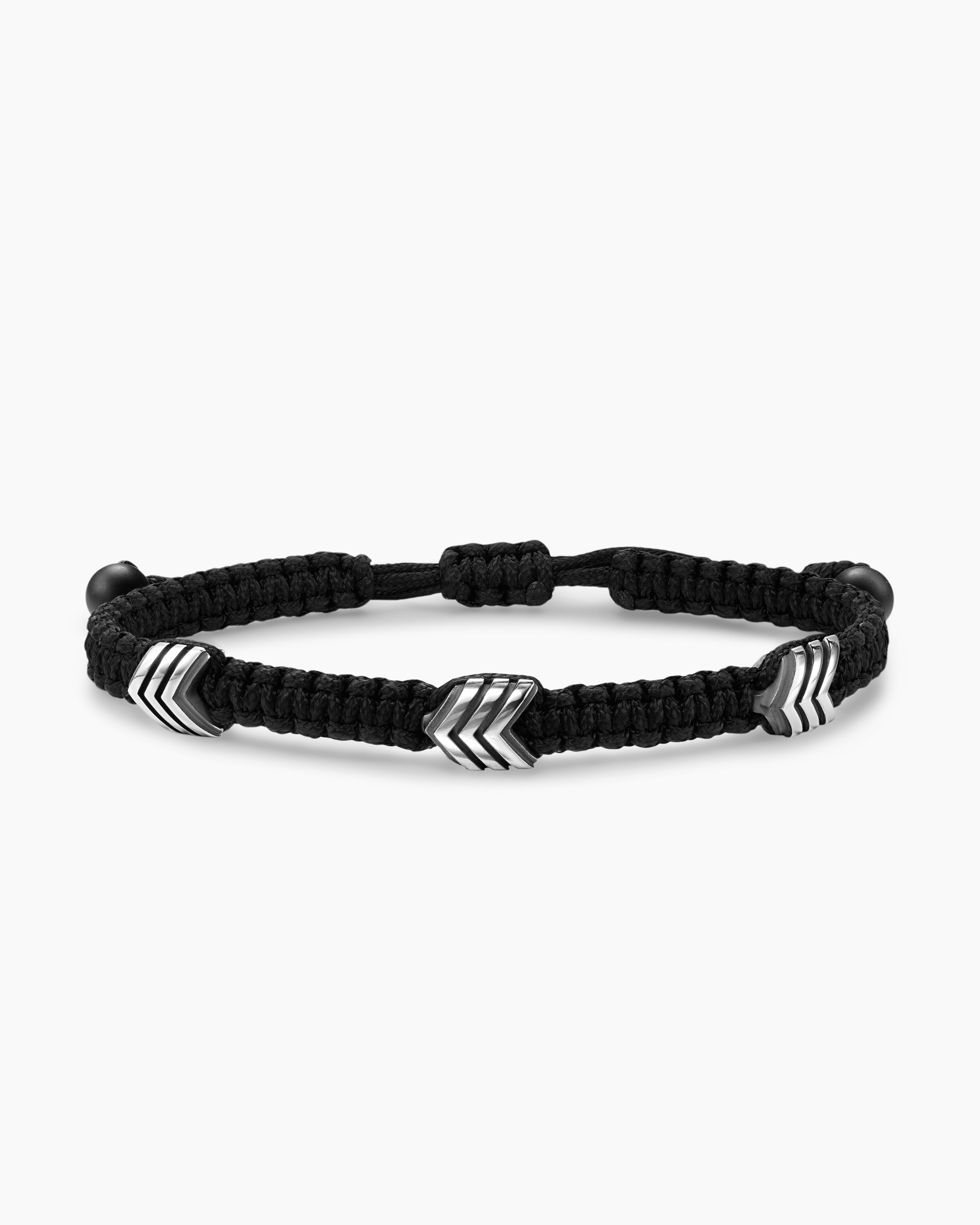 Mens Chevron Black Nylon Woven Station Bracelet with Sterling Silver and Black Onyx, 8.6mm