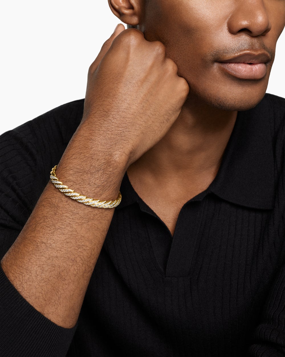 Mens Sculpted Cable Pavé Flex Bracelet in 18K Yellow Gold, 7.5mm