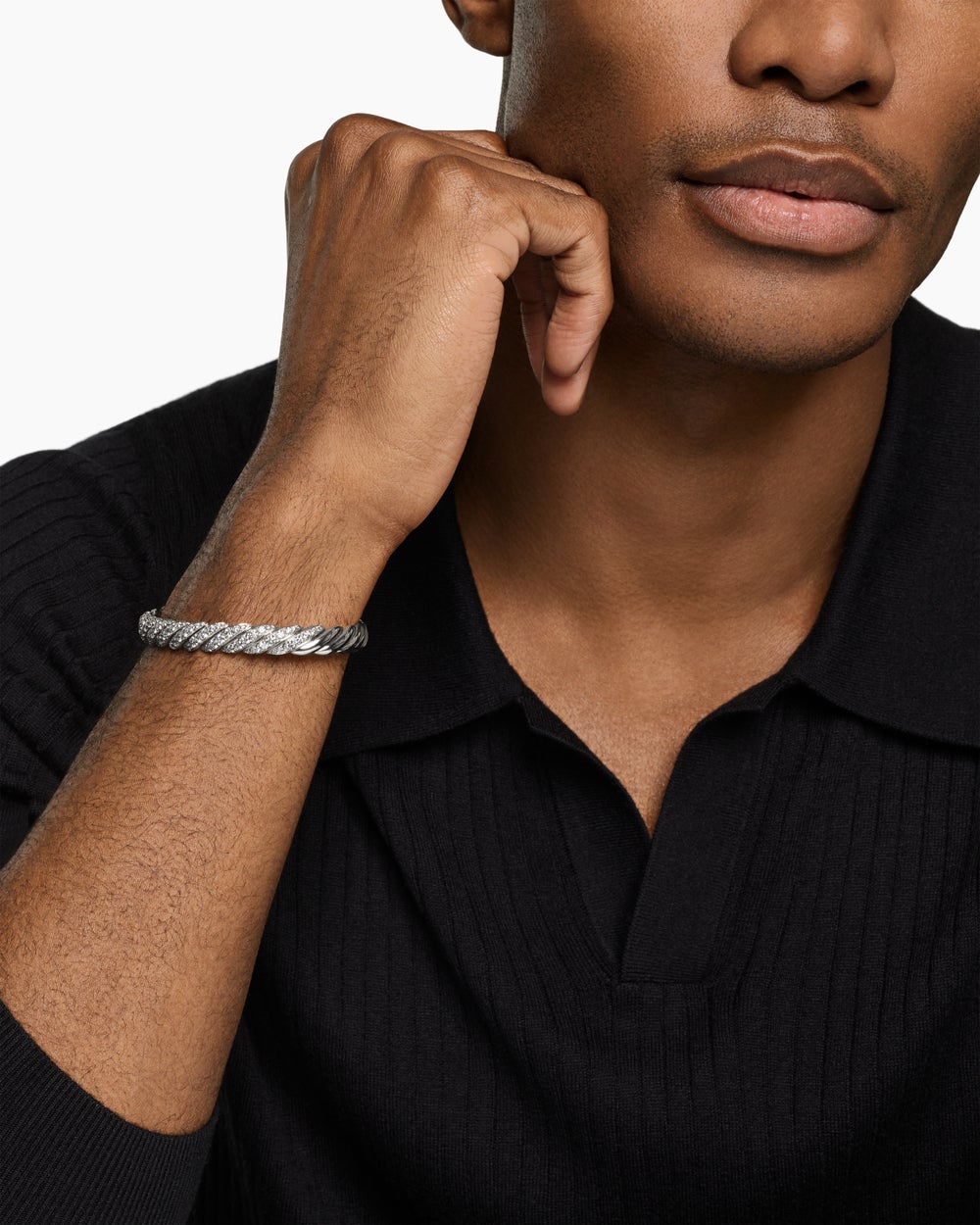 Mens Sculpted Cable Pavé Flex Bracelet in 18K White Gold, 7.5mm