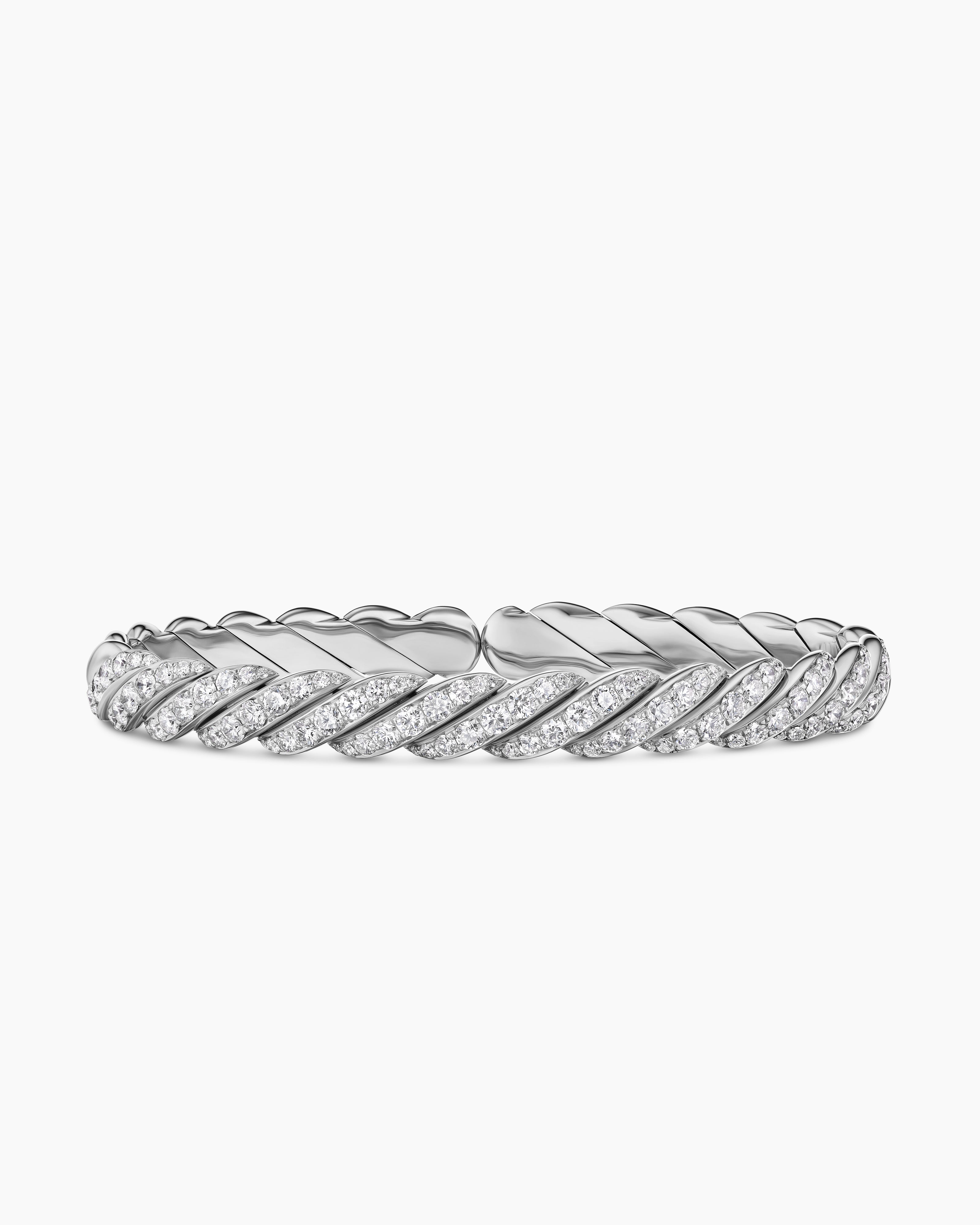 Mens Sculpted Cable Pav&eacute; Flex Bracelet in 18K White Gold, 7.5mm