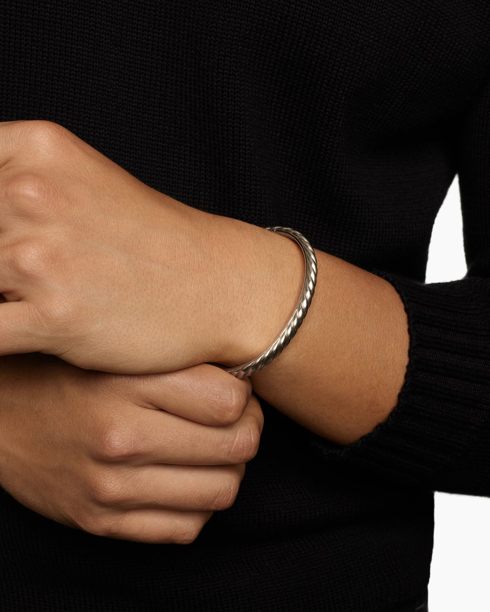 Mens Sculpted Cable Cuff Bracelet in 18K White Gold, 5.5mm