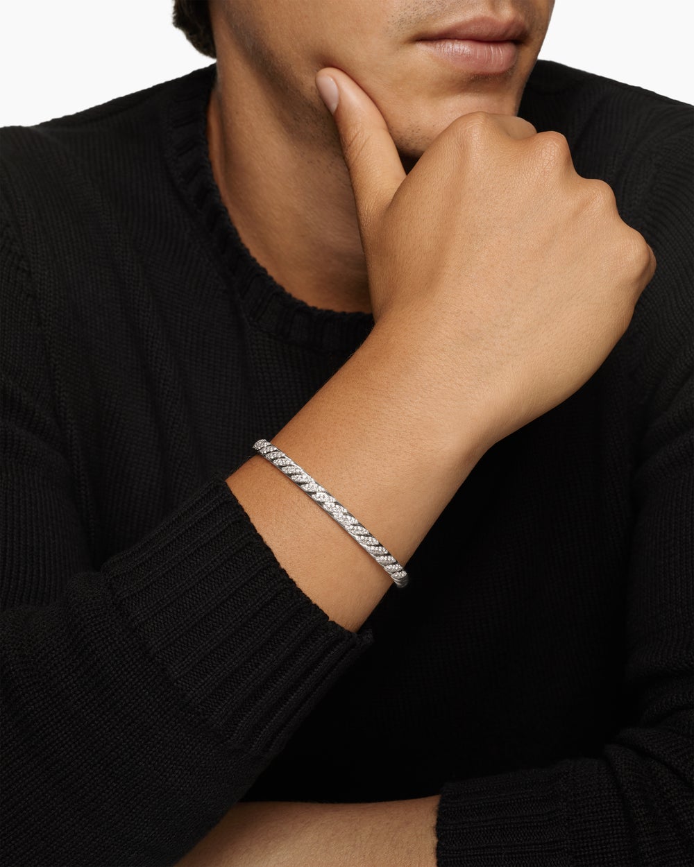 Mens Sculpted Cable Cuff Bracelet in 18K White Gold, 5.5mm