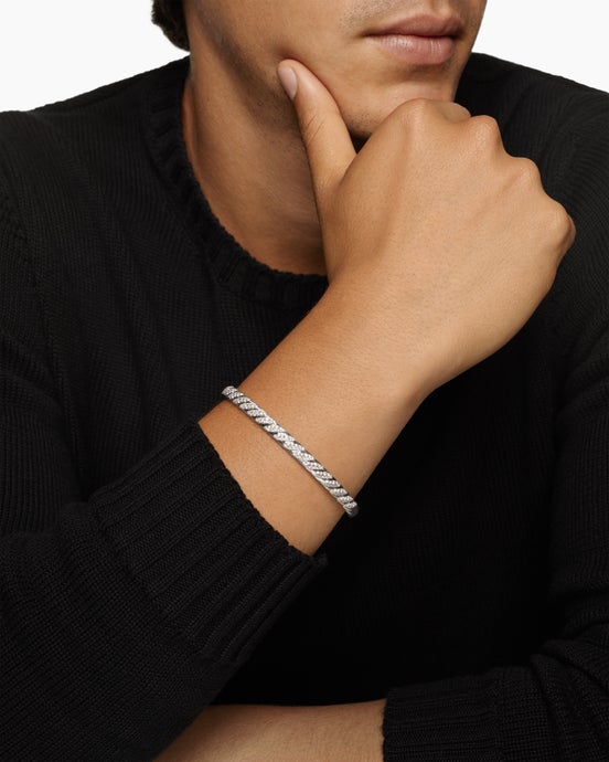 Sculpted Cable Cuff Bracelet in 18K White Gold with Diamonds, 5.5mm