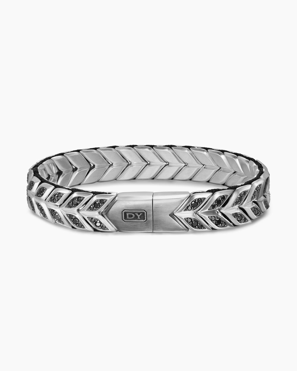 Mens Chevron Woven Bracelet in Sterling Silver with Black Diamonds, 12mm