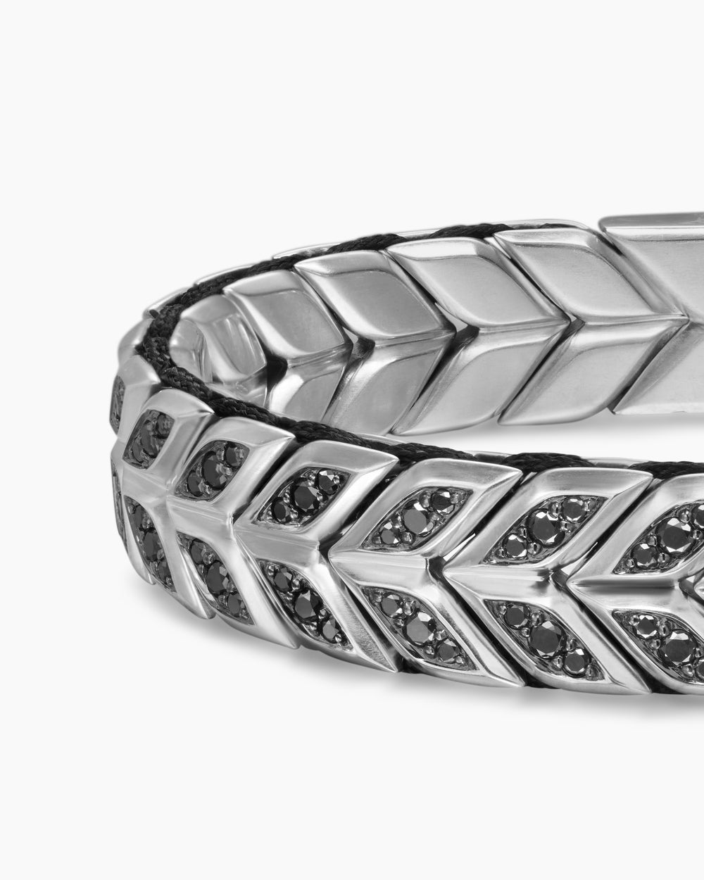 Mens Chevron Woven Bracelet in Sterling Silver with Black Diamonds, 12mm