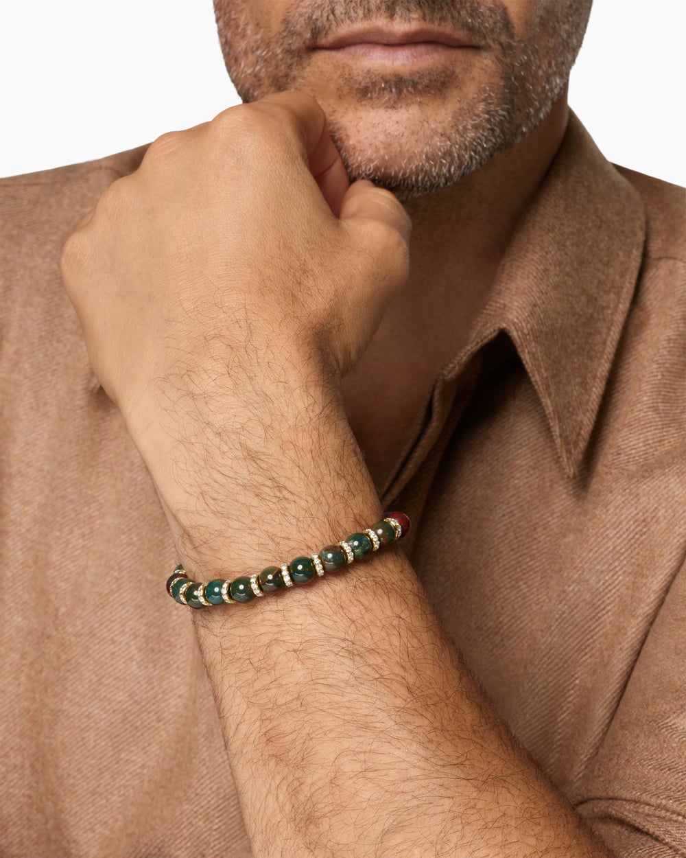Mens Spiritual Beads Bracelet in 18K Yellow Gold with Bloodstone and Diamonds, 8mm